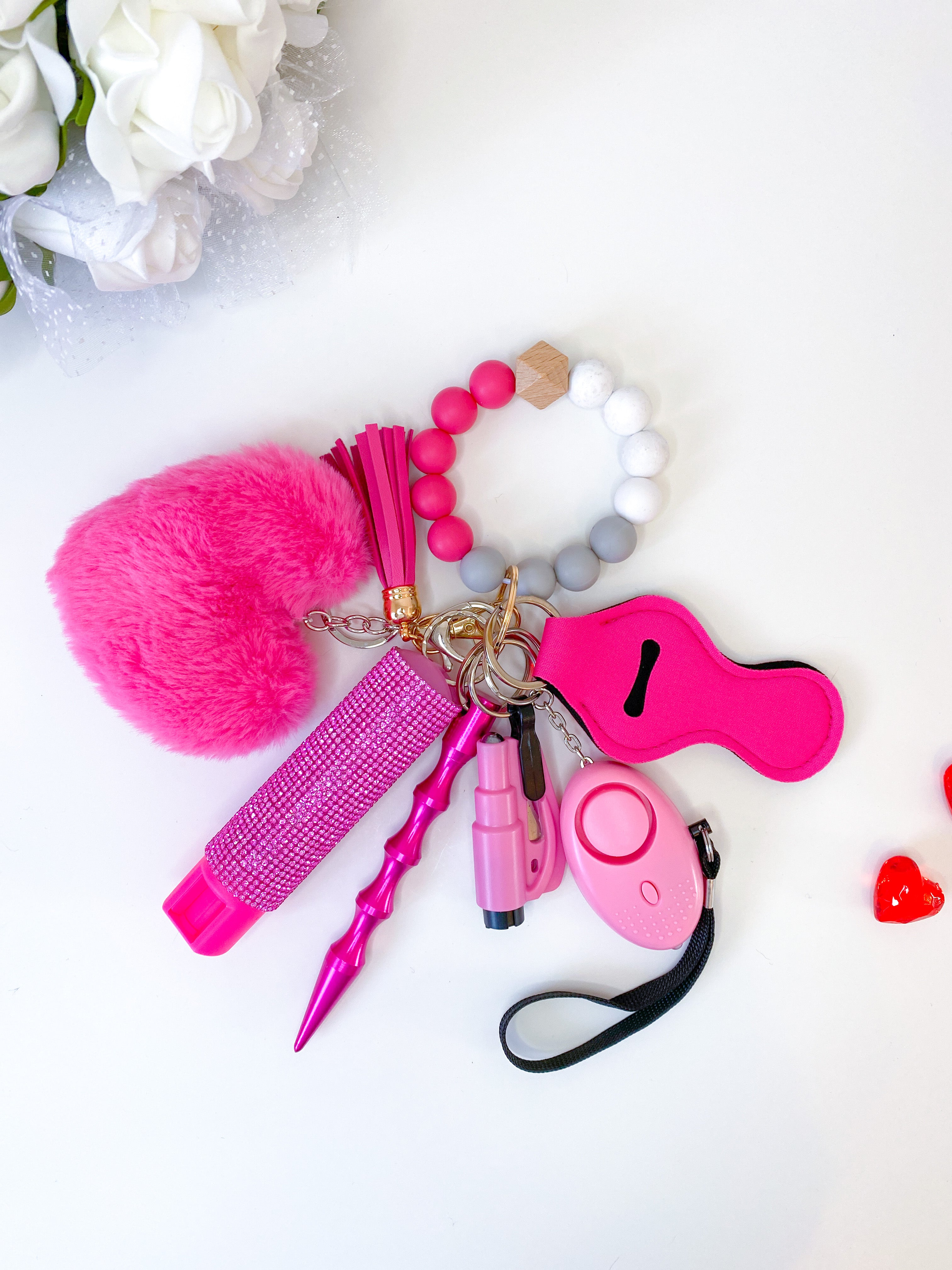 Hot Pink Beaded Safety Keychain